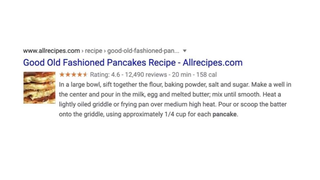 Example of structured data at work when searching for recipe on Google